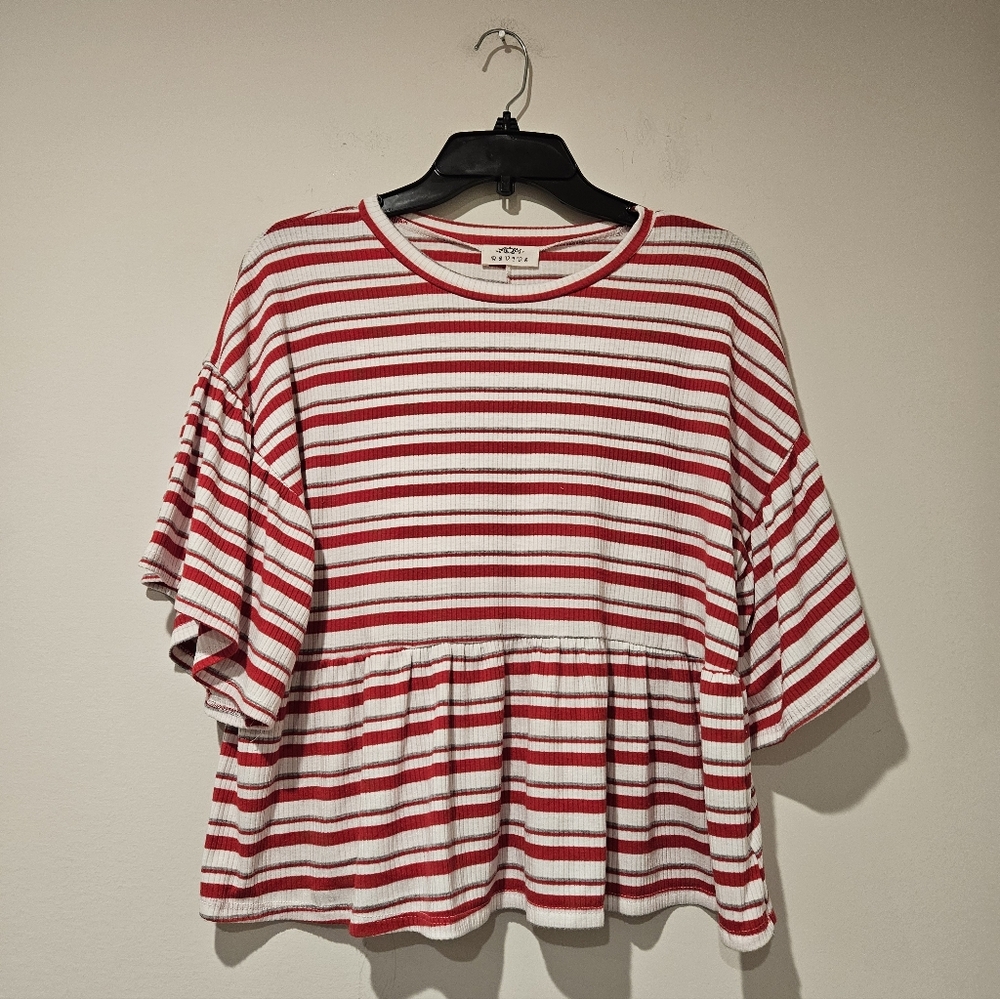 Revive Red and White Striped Wide Sleeve Blouse, Size Medium